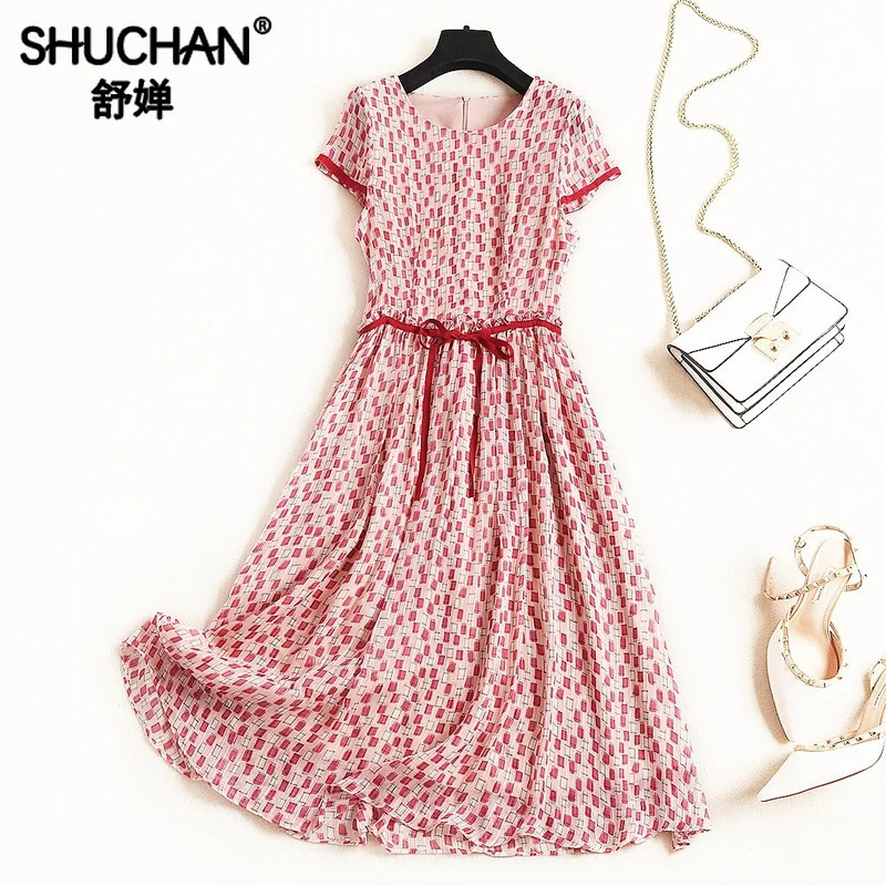 

Shuchan Geometric Print Chiffon England Style Dress Female Summer A-line Vestidos Mulher Verao 2019 High Quality Mid-Calf 11593