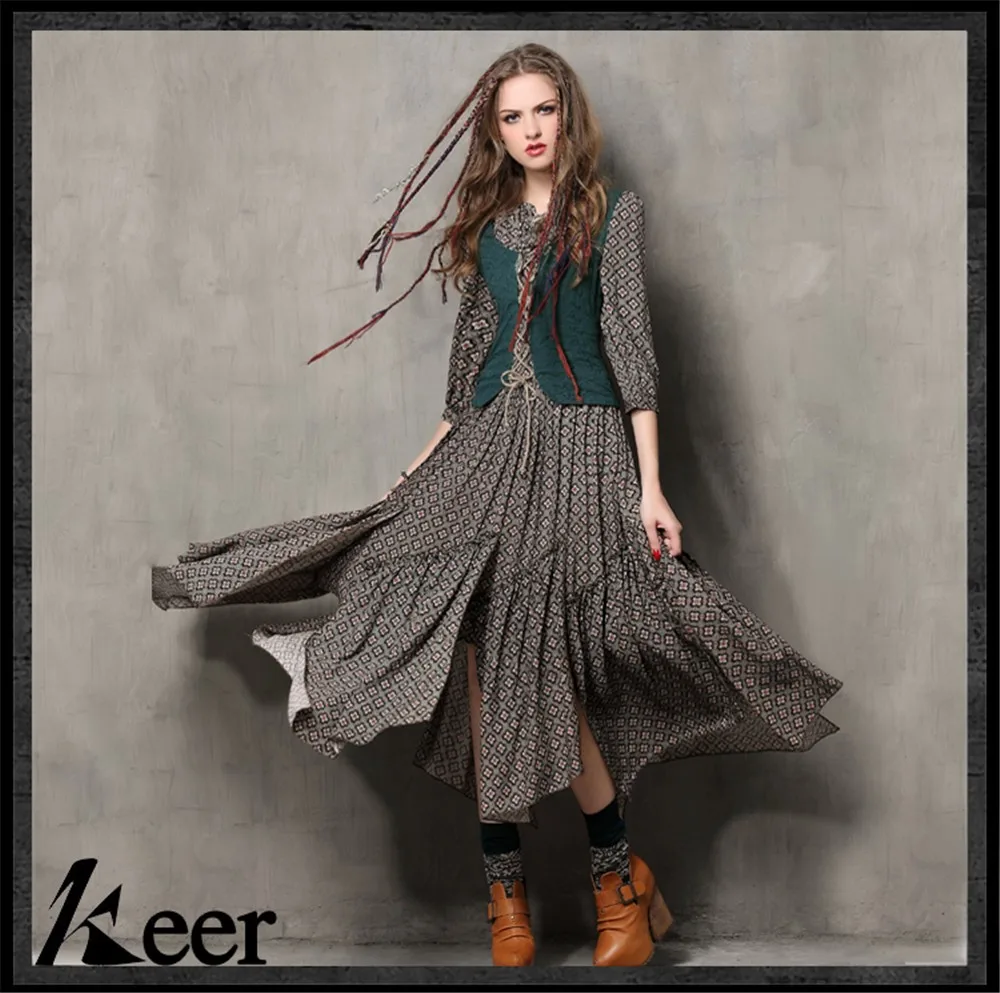 Autumn Tunic Vestidos Vintage Mandarin Collar Cotton Dress Half Sleeve A-Line Three Quarter Sleeve Maxi Women Embroidery Dresses (7)