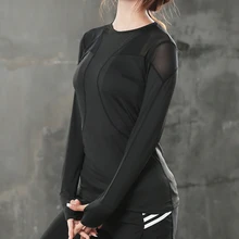 Быстросохнущая футболка для йоги, Женская Спортивная одежда для спортзала, футболка с круглым вырезом и отверстием для большого пальца, однотонные сетчатые майки, женские спортивные топы для бега