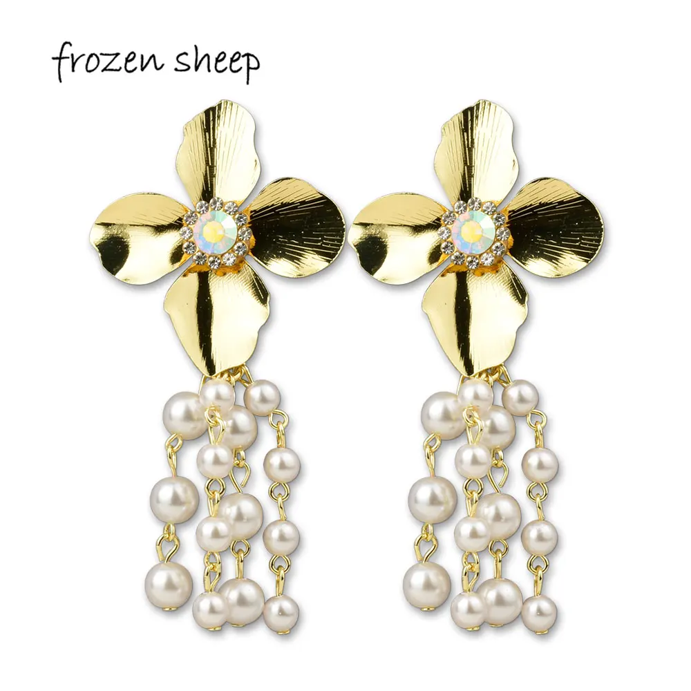 

Frozensheep 2019 Women's Fashion Personality statement Earrings Pearl Long drop Earring Metal big Flower Earrings Jewelry HB120