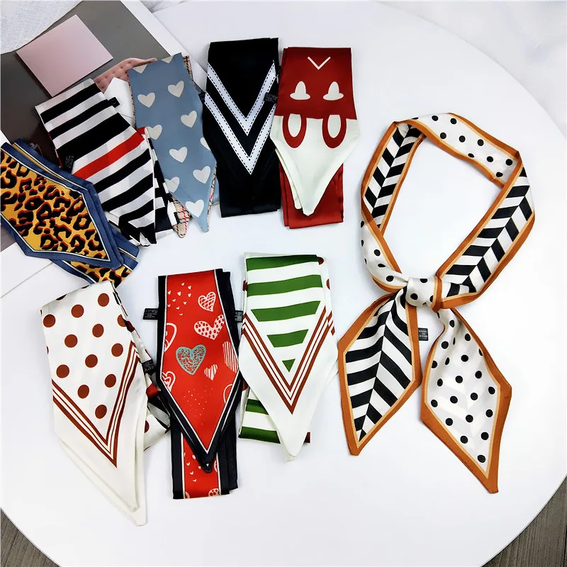 

New Arrival Polka Dot Twill Heart Bee Print Skinny Scarf Women Silk Satin Hair Head Wrap Scarfs Handbag Bufanda Mujer