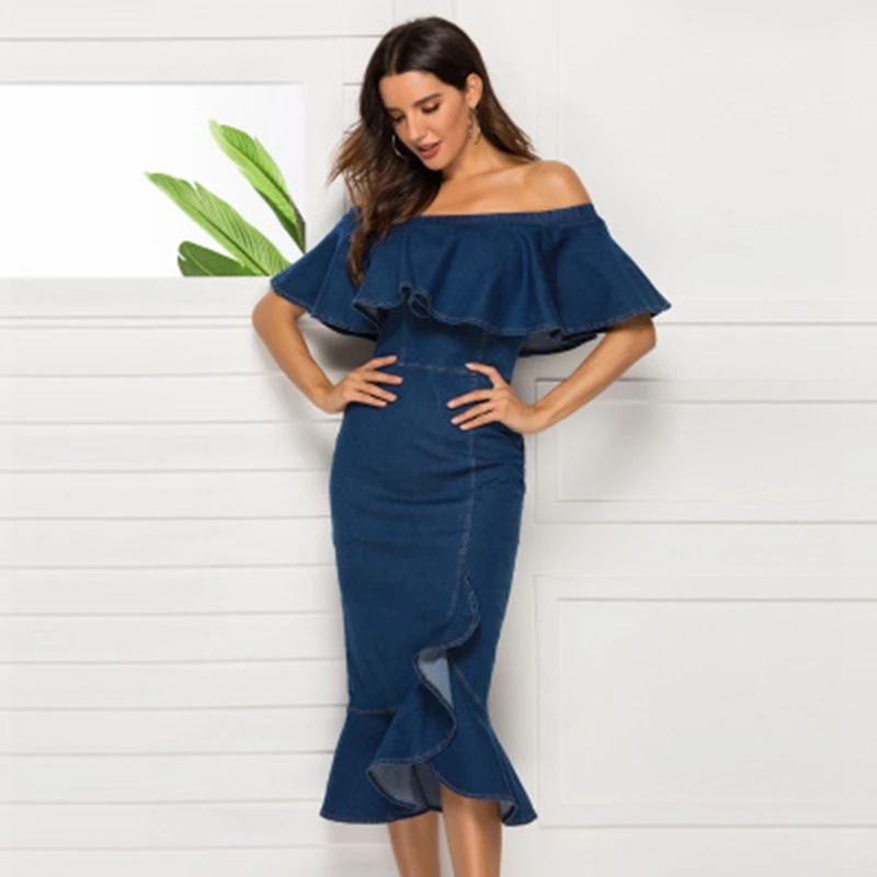 Для женщин элегантное платье из джинсовой ткани осенние пикантные оборками Slash шеи без бретелек бедра Вечерние Длинное платье женские; с открытыми плечами платье из джинсовой ткани - Цвет: Denim Blue
