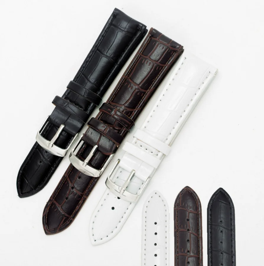 

16 20mm New Wholesale Men Women Genuine Cowhide Leather Black Brown White Wrist Watchband Strap Belt Silver Polished Pin Buckle