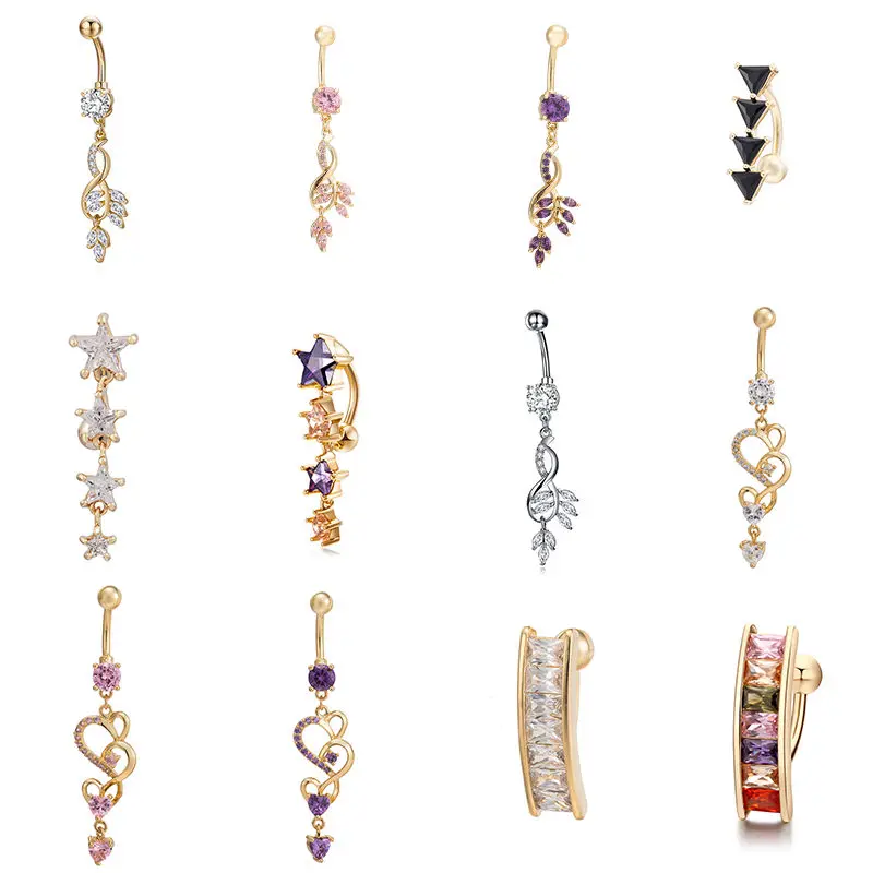 

Zircon Crystal Gold-Color Branch shape Navel Bar Piercing Belly Button Rings 2019 New Style Body Jewelry Dangle Free Shipping