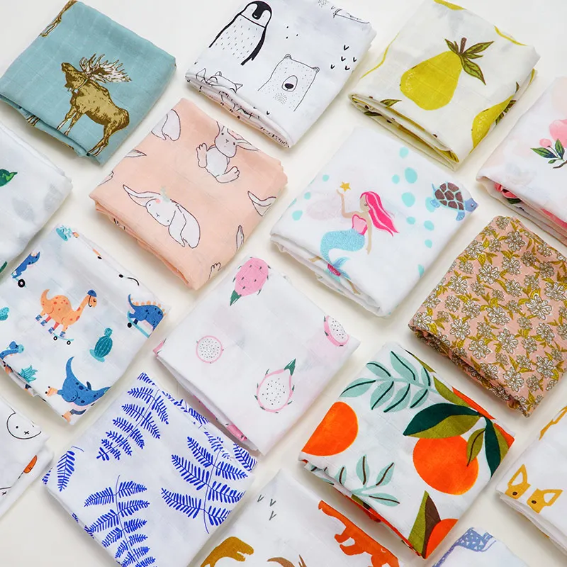 

60*60 Muslin Bamboo Cotton Baby Blanket Swaddle Soft Cartoon Animal Print scarf Multifunction Wrap Burp Cloths Towel accessories