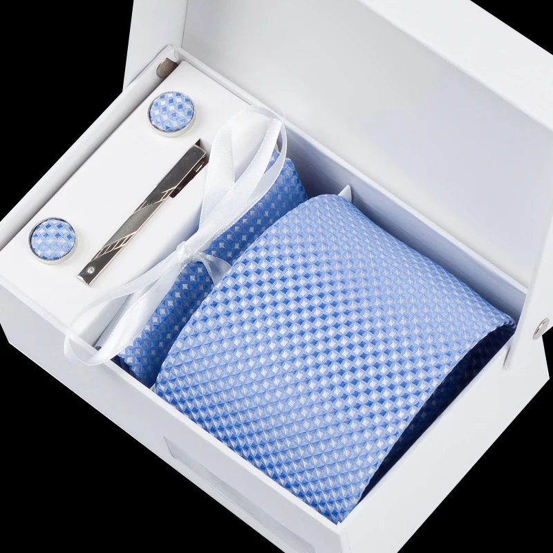8CM Ties Sets for Men Cufflink Pocket Square Tie Clips Handkerchief Mens Sky Blue Plaid Wedding