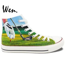 Вэнь ручная окрашенные кроссовки дизайн пользовательские мужская женская обувь играя Гольф высокие холщовые туфли