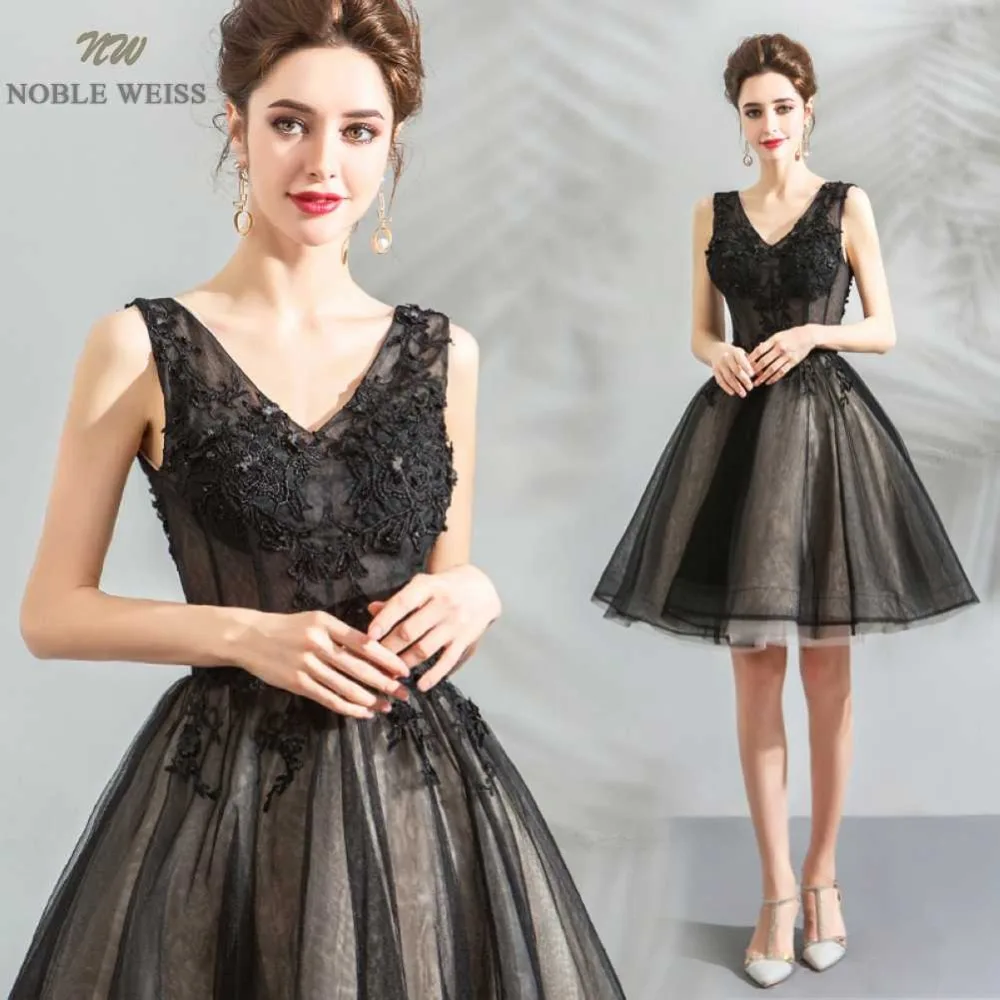 

NOBLE WEISS Black Prom Dress Customized Fashion V-Neck Lace-up Back Tulle A-Line Appliques Beading Sexy Party Gown Dresses