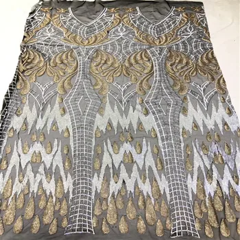 

African Tulle Lace Fabric 2018 High Quality Lace Sequin Lace Fabric African Gold Color Lace Fabric Applique For Dresses A1359-1