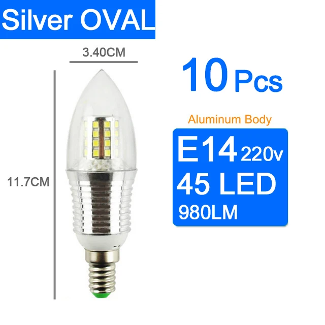 10 шт. Светодиодные лампы E14 3 Вт 6 Вт светодиодные лампы AC 220 В 240 В свеча лампы 9 Вт 12 Вт Алюминий Холодный теплый белый лампада Bombillas Lumiere светодиодный светильник - Испускаемый цвет: Silver12W OVAL 10pcs
