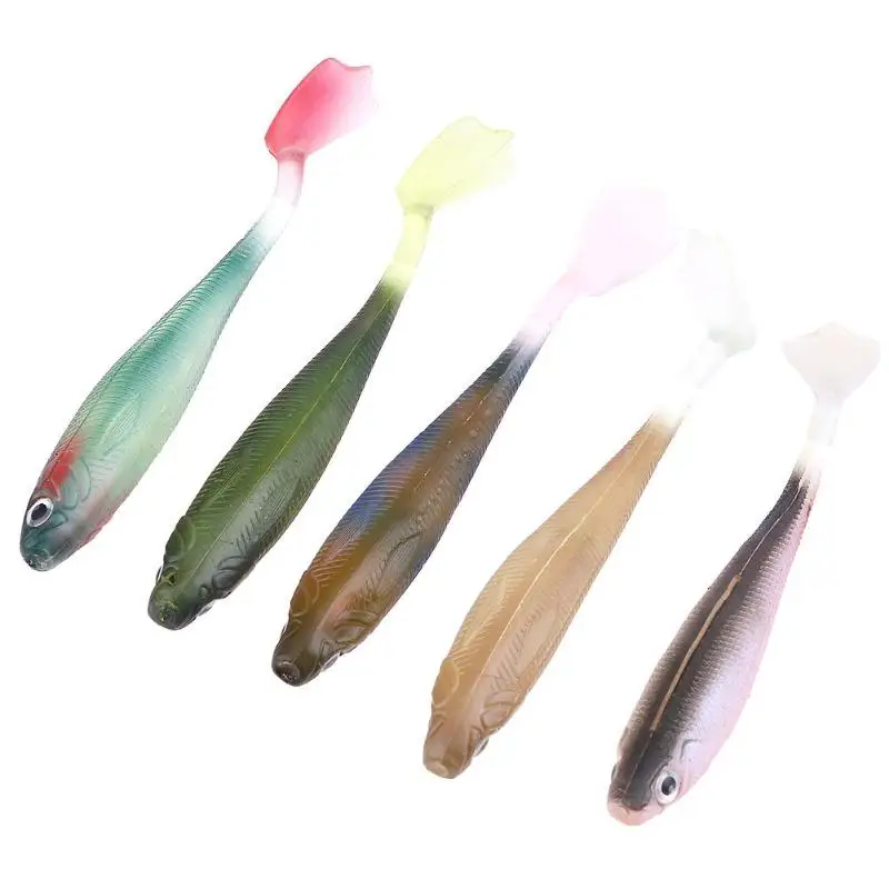 5pcs 90mm5g T Tail Soft Fishing Lures 3D Eyes Groove Back Artificial Baits Crankbait Wobblers Peche Cebo Bass Fly Fishing Bait