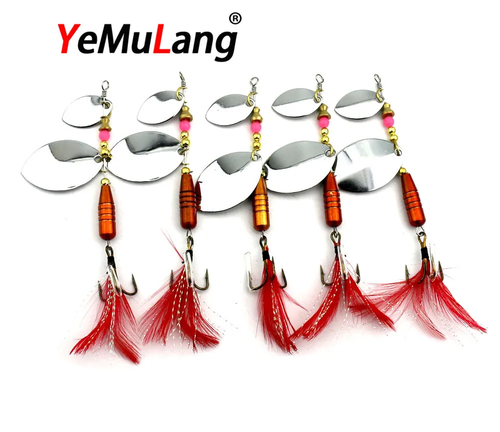 

YeMuLang 1PCS Spinner Bait Metal Artificial Fishing Lure Double Tail Propeller Hard Baits With Feather Hook Trout Carp