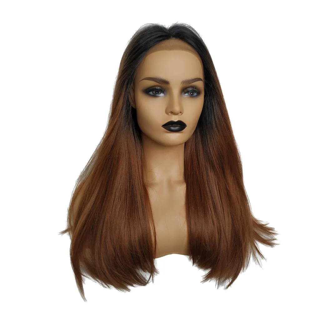 

20 Inch Lace Front Women Ombre Brown Natural Fluffy Long Straight Synthetic Hair Replacement Cosplay Wigs with Wig Cap