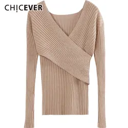 CHICEVER осенние корейские пуловеры свитер женский v-образный вырез длинный рукав тонкий джемпер свитера для женщин модная новая одежда