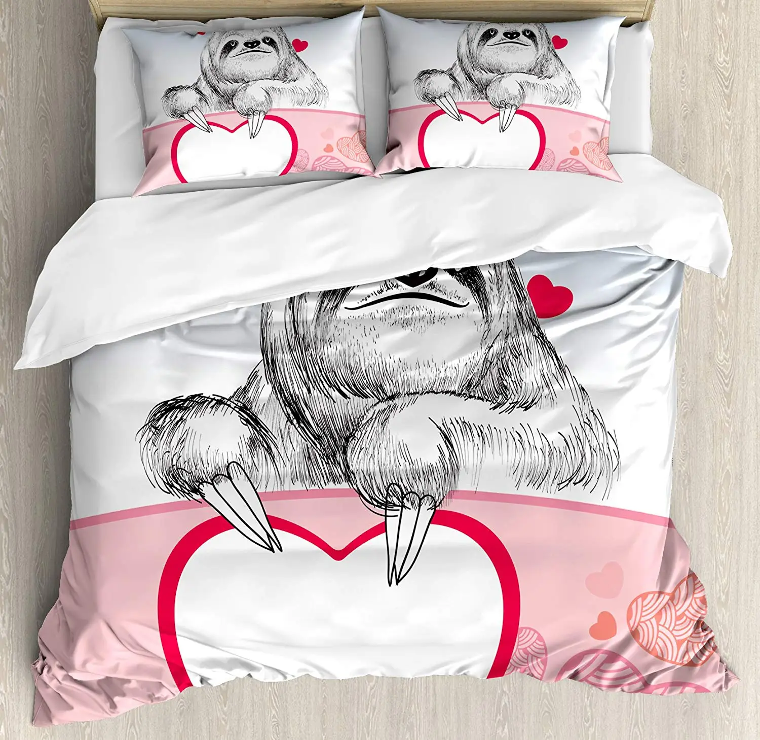 

Sloth Duvet Cover Set, Romantic Sloth Falling In Love Different Heart Figures Valentines Day Art, Decorative 4 Piece Bedding Set