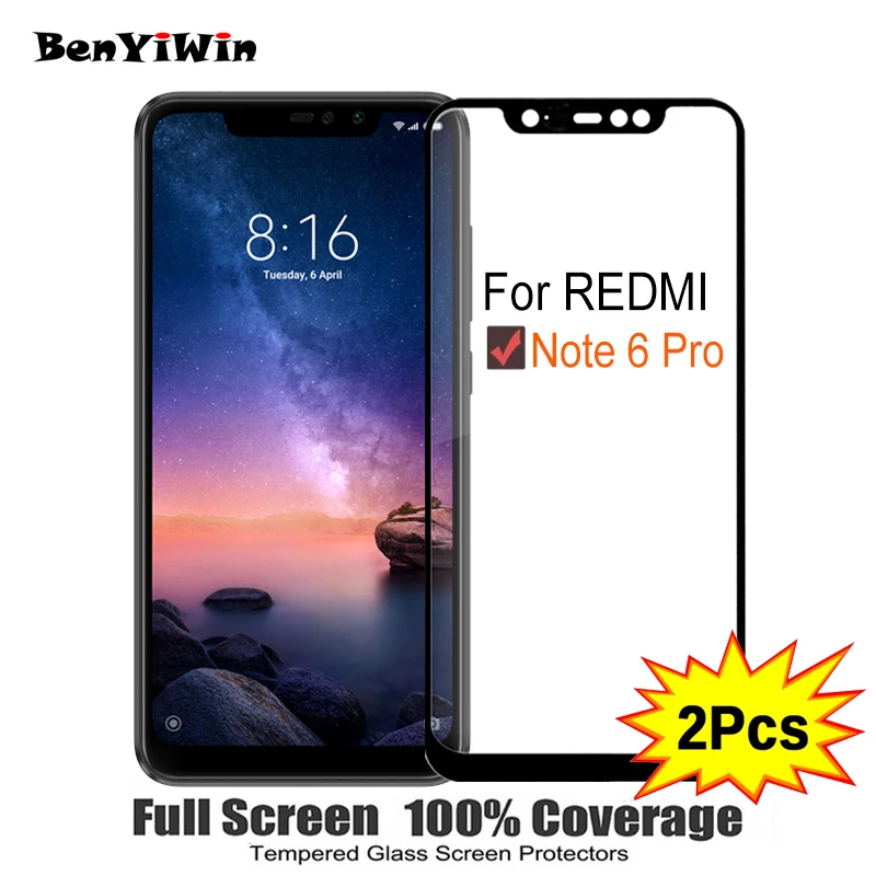 

2PCS Full Cover Screen Protector Tempered Glass For XIAOMI REDMI note 6 Pro 6.26" Protective glass For REDMI note6 pro Film Case