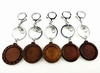 

24pcs Dark brown Wood cabochon settings dia 25mm round blank wooden base with Metal ring Lobster clasp for DIY Key Chains making