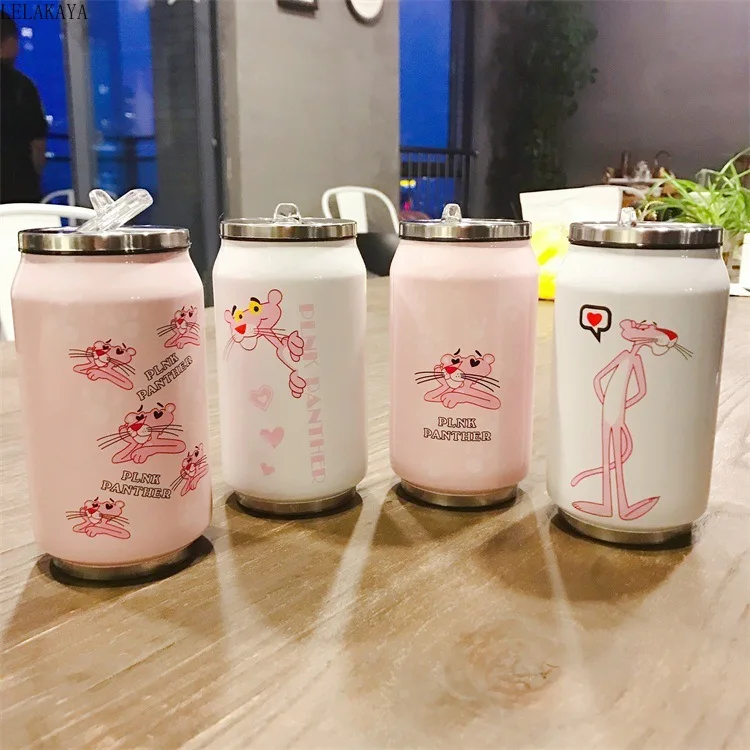 

Animals Cartoon Stainless Steel Anime Action Figure Printed Pink Panther Thermos Cup Creative Cans Straw Winter Keep Warm Bottle