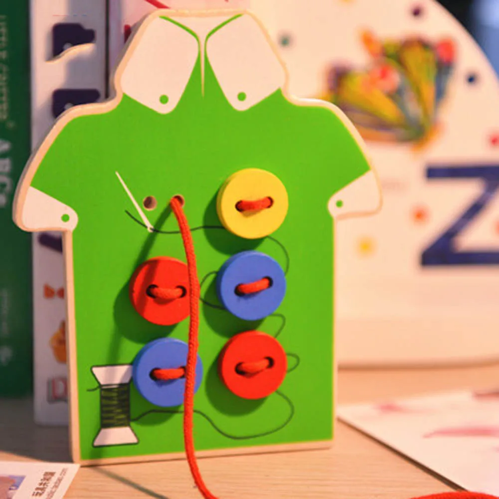 New Kids Children Educational Toys Beads Lacing Board Wooden Puzzles Sew On Buttons Early Education Teaching