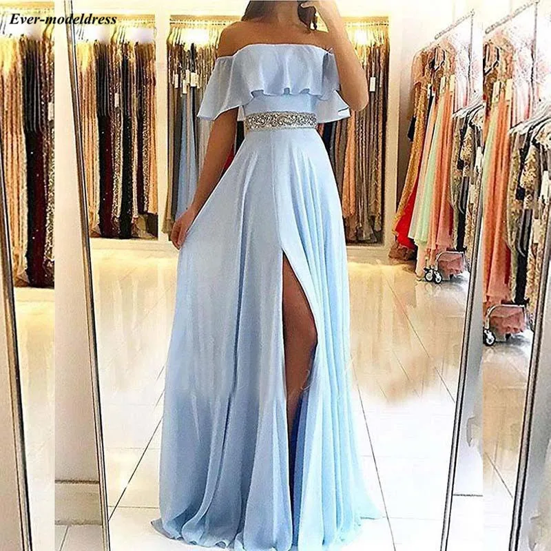 

Sky Blue Chiffon Prom Dresses Long Side Slit Off The Shoulder Beaded Sash Evening Party Gowns 2020 Gala Jurken
