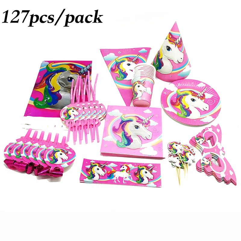 127pcs/pack Unicorn birthday party decorations disposable plates cups napkins blowouts theme tableware sets | Дом и сад