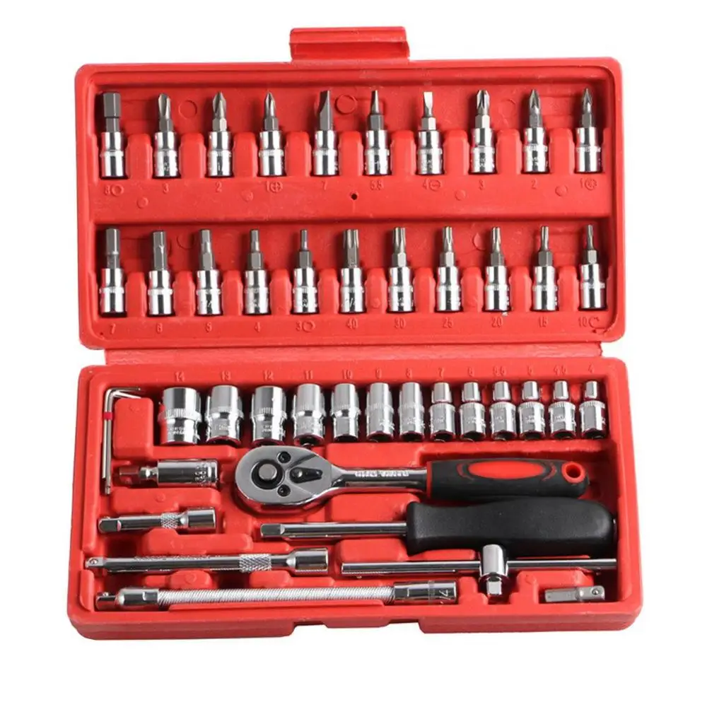 

46Pcs Socket Set (1/4") Of Auto Repair Tool Kit Set Auto Maintenance Tool Box Manual Hardware Wrench Combination Socket