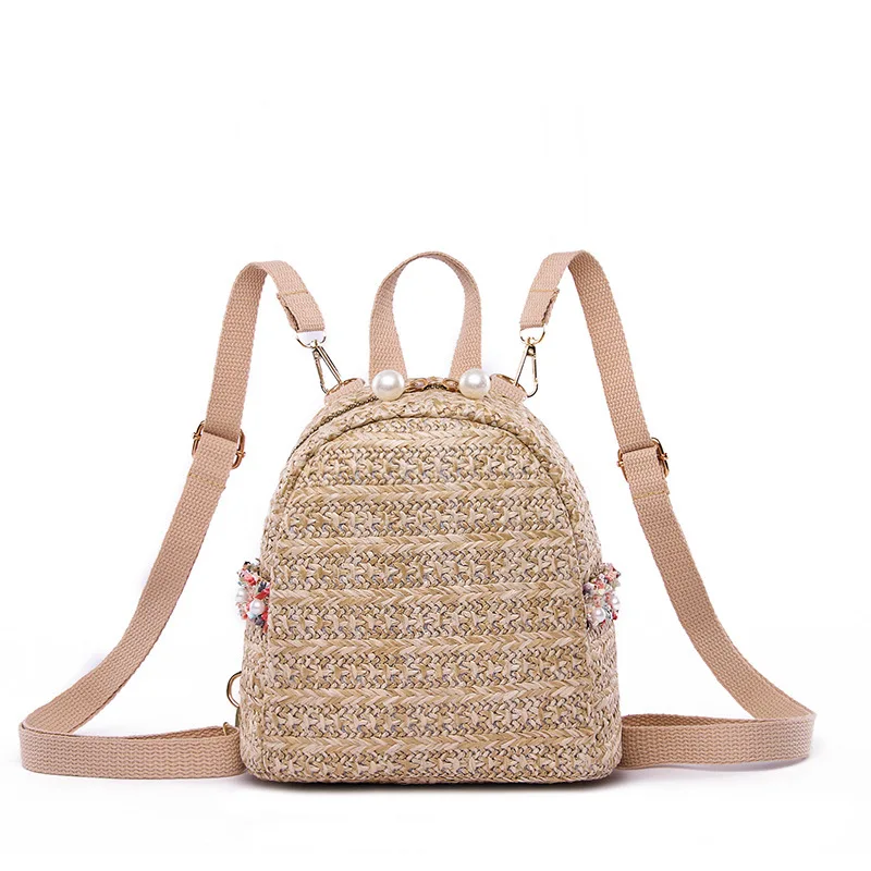 

Miyahouse New Straw Weaving Design Ladies Backpack Pearl Zipper Design Female Small Travel Backpack Fashion Lace Mini Rucksack