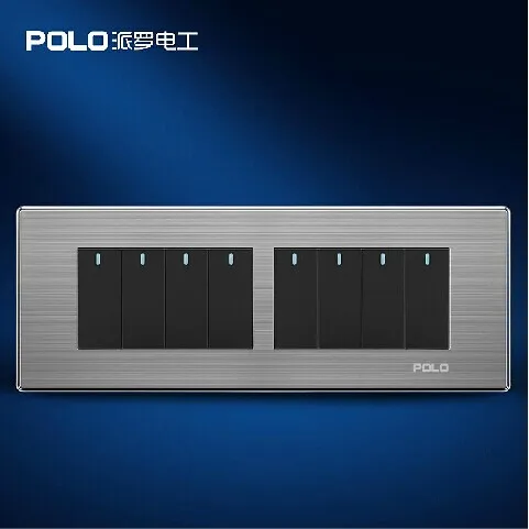 

Free Shipping, POLO Luxury Wall Light Switch Panel, 8 Gang 2 Way, Champagne/Black, Push Button LED Switch, 10A, 110~250V, 220V