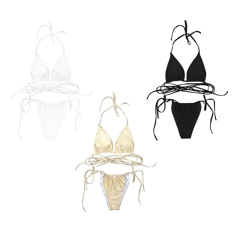 

Women Sexy Two Piece Mini Bikini Set Halter V-Neck Ruched Triangle Bra Low Waist Side Tie T-Back Thong Plain Solid Color Strappy