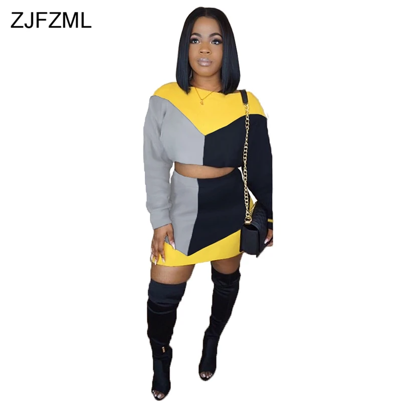 

Contrast Color Sexy Two Piece Set Dress Casual Women Round Neck Long Sleeve Bandage Dress Streetwear High Waist Plus Size Dress