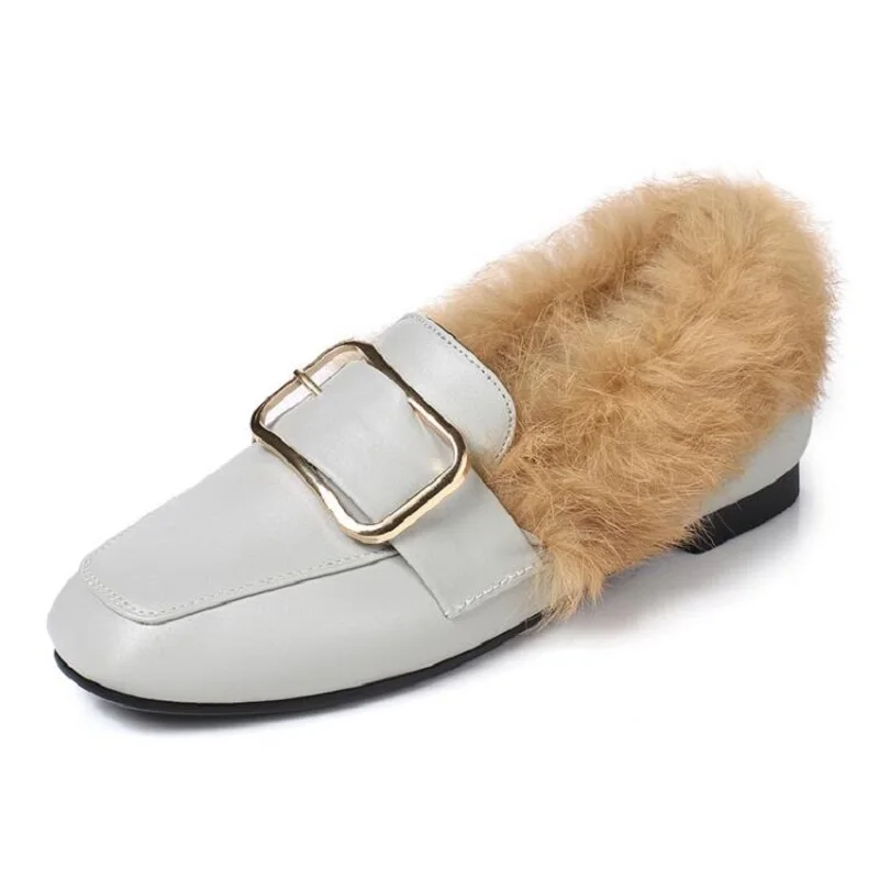 

ZOEYUAI Shoes Womens Real Rabbit Fur Slip on Shoes Metal Loafers Woman Plush Leather Slipper Ladies Flats Zapatos mujer