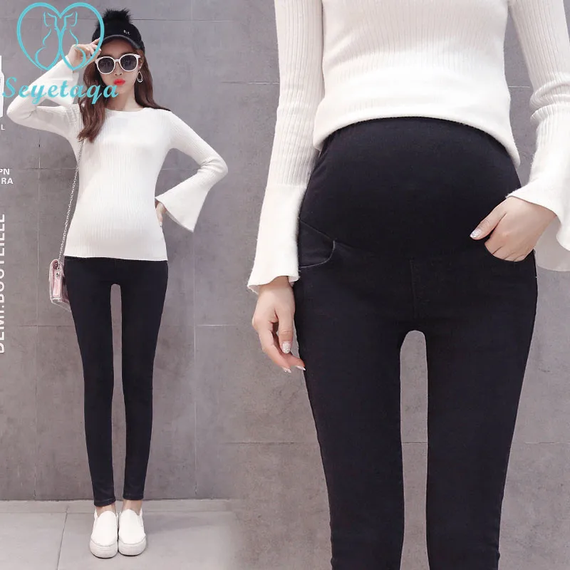 

1032# Black Stretch Denim Maternity Jeans Elastic Waist Belly Pencil Trousers Clothes for Pregnant Women Autumn Pregnancy Pants