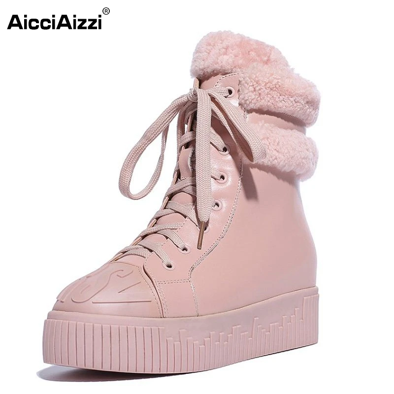 

Winter Genuine Leather Women Ankle Boots Warm Thickend Sheep Fur Snow Lady Platform Boots Fashion Lace Up Women Shoes Size 34-39