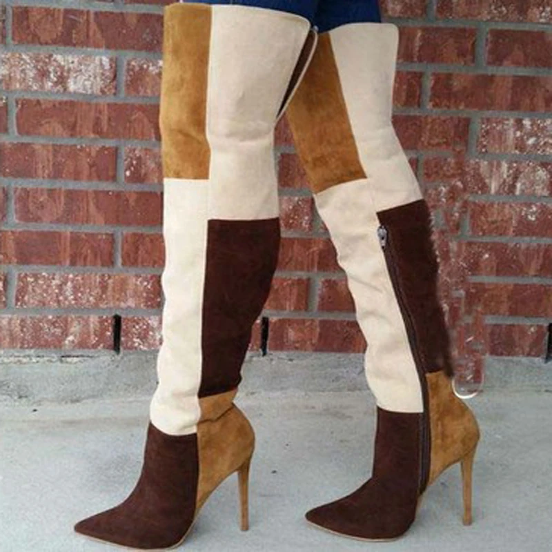

Spring Multicolor Suede Leather Patchwork Thigh Boots Thin Heel Side Zipper Over Knee Knight Boots Ladies Pointed toe Botas