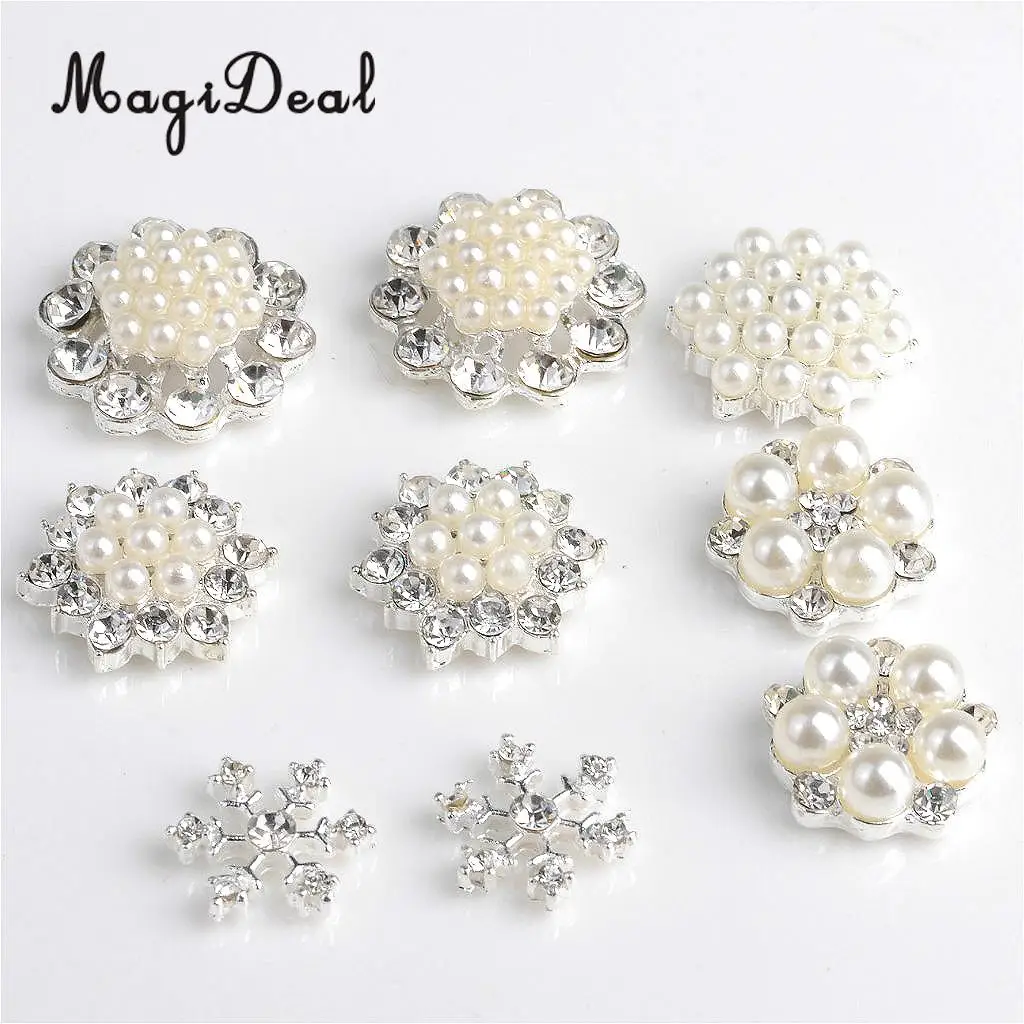 10pcs DIY Diamante Flower Cluster Crystal Rhinestone Pearl Embellishment Flatback Buttons DIY Wedding Hair Bow Decor Craft
