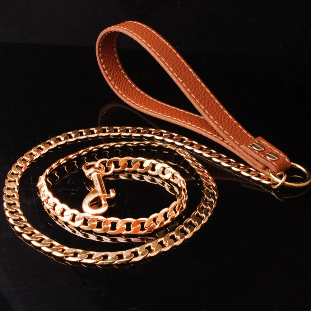 

42inch+9inch 10MM Brown/Black Leather Pet Dog Collar Safety Anti-lost Leash Lead Gold Copper Cut Link Chain For Walking Running