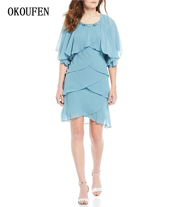 

Modest Short Mother of the Bride Dresses 2019 with Jacket Knee Length Beads Neck Tiered kurti Blue vestidos de madrinha farsali