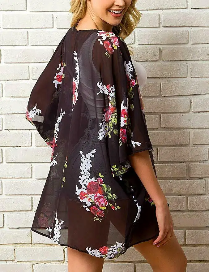 Летнее женское шифоновое кимоно с цветочным рисунком, пляжный кардиган, прозрачная накидка, купальник, Длинная блузка, рубашки, женские топы, туника, рубашка - Цвет: 2