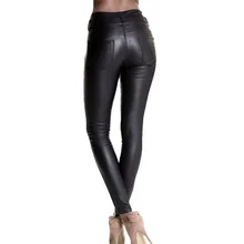 2016 Spring High Waist PU Leather Pants Women Black Slim Feet Pencil Pants Leather Trousers 3 Button Pants Female EG6322