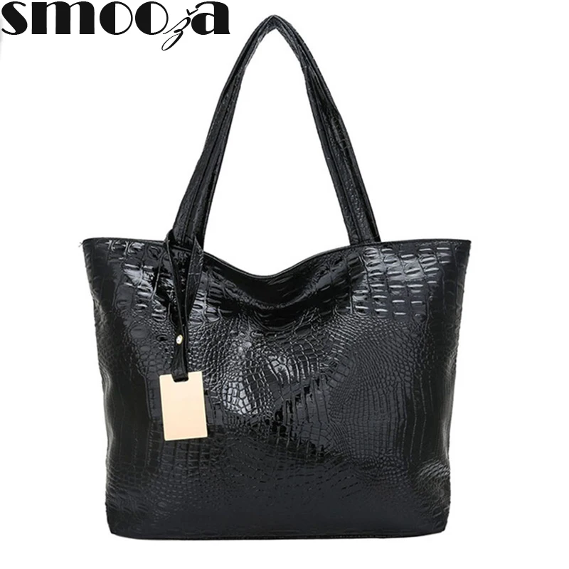 SMOOZA Crocodile Pattern Soft Women Leather Handbag Silver Gold Black Shoulder Bag Big Female ...