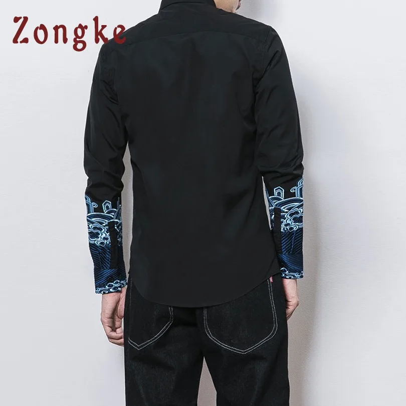 Zongke китайский стиль вышивка мужские рубашки с длинным рукавом Повседневная приталенная уличная Мужская рубашка мужская повседневная рубашка мужская одежда Новинка