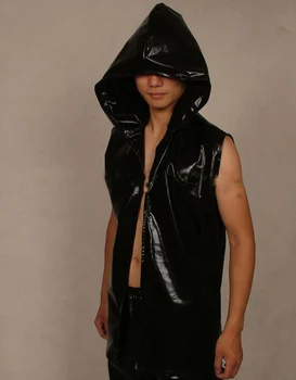 

Black Pvc Latex Lightning Wrestling Sleevellss Hooded Top For Mens