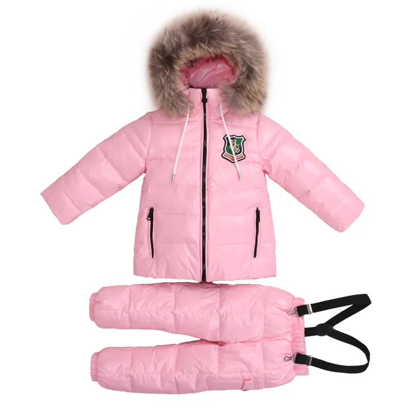 

2-8T Russian Children Real Fur Warm Clothing Sets Girls Snowsuit Girl Winter Down Coat Kids Flowers Ski Suit Chothes