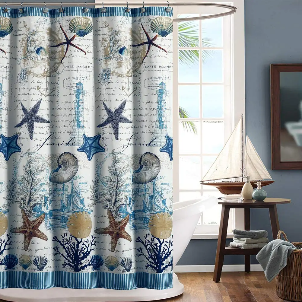 Under The Sea Blue Seashell Polyester Fabric Shower Curtain,Mildew