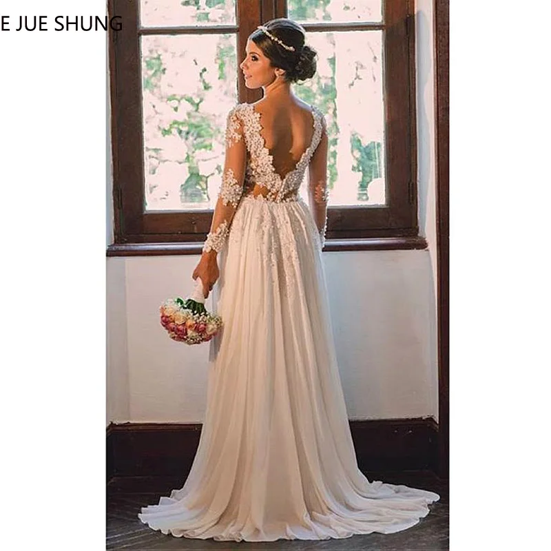 Us 9108 31 Offe Jue Shung Ivory Lace Appliques Pearls Beach Wedding Dresses Long Sleeves Backless Boho Bridal Dresses Robe De Mariage In Wedding