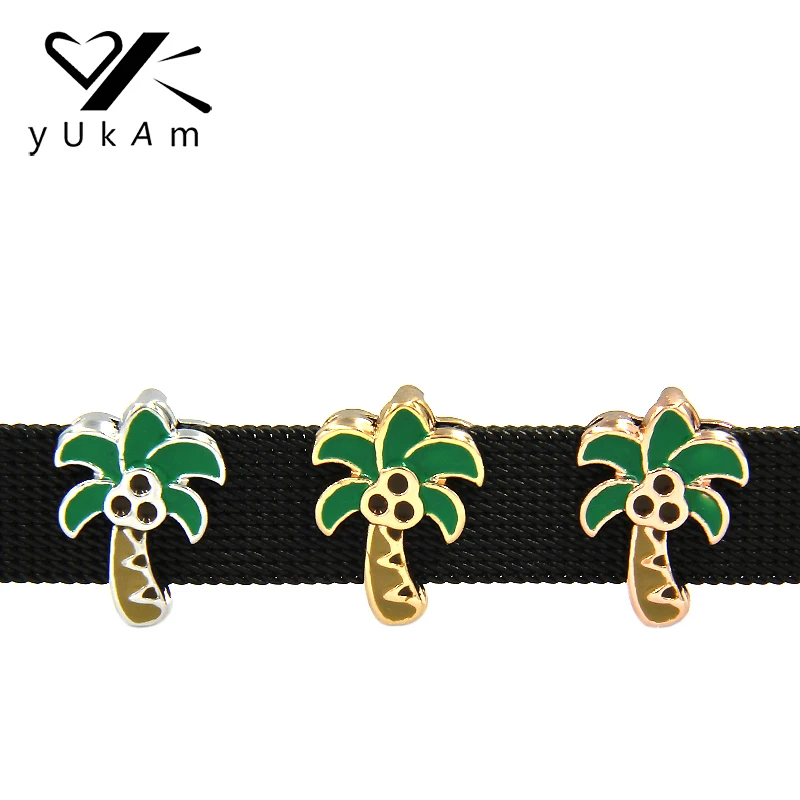

YUKAM Jewelry Green Enamel Plant Palm Coconut Tree Slide Charms for Stainless Steel Mesh Keeper Beach Bracelets Bangles Making