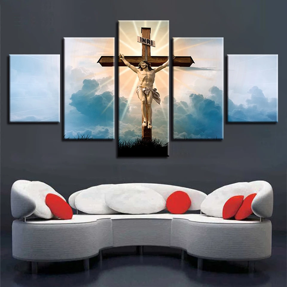 Modular Canvas Painting Poster 5 Pieces Christian Religion Jesus God Picture Cross Sunshine Scenery Modern Prints Decor Wall Art | Дом и сад