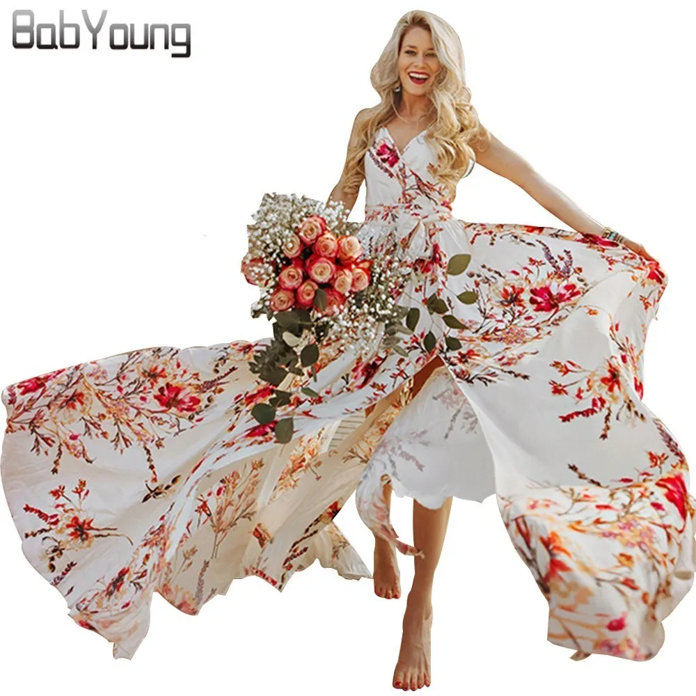

BabYoung 2019 Summer Floral Maxi Dress Women Boho V-neck Sleeveless Printed Elegant Party Long Dresses Sexy Beach Vestidos Longo