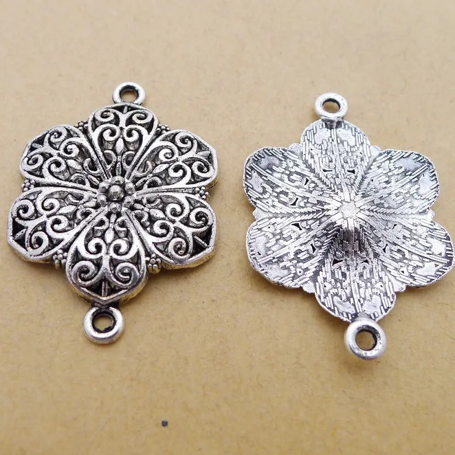 5 Connecteurs Tibétain Argent Fleurs Branche - Zinc Alloy, 113x38 Mm, Neufs