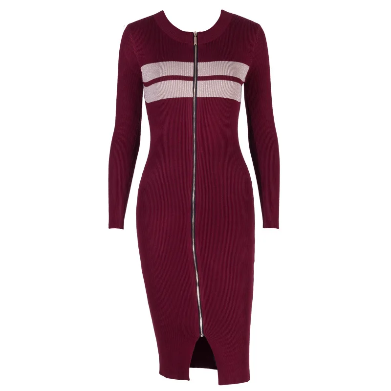 Zipper Long Sleeve Striped Knitted Sweaters Dress For Woman 2018 Warm